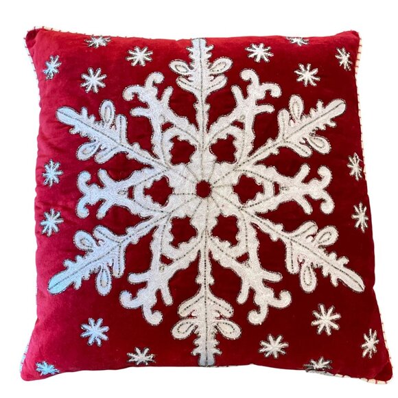 Red & White Embroidered Snowflake Throw Pillow By Envogue Holiday  18" x 18" - Picture 6 of 7